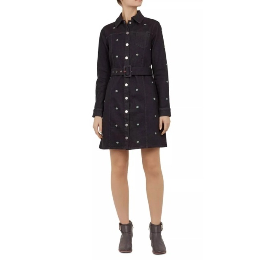 Ted Baker Rosarie Embroidered Floral Denim Dress Dark Blue Sz US 10 Ret. $315